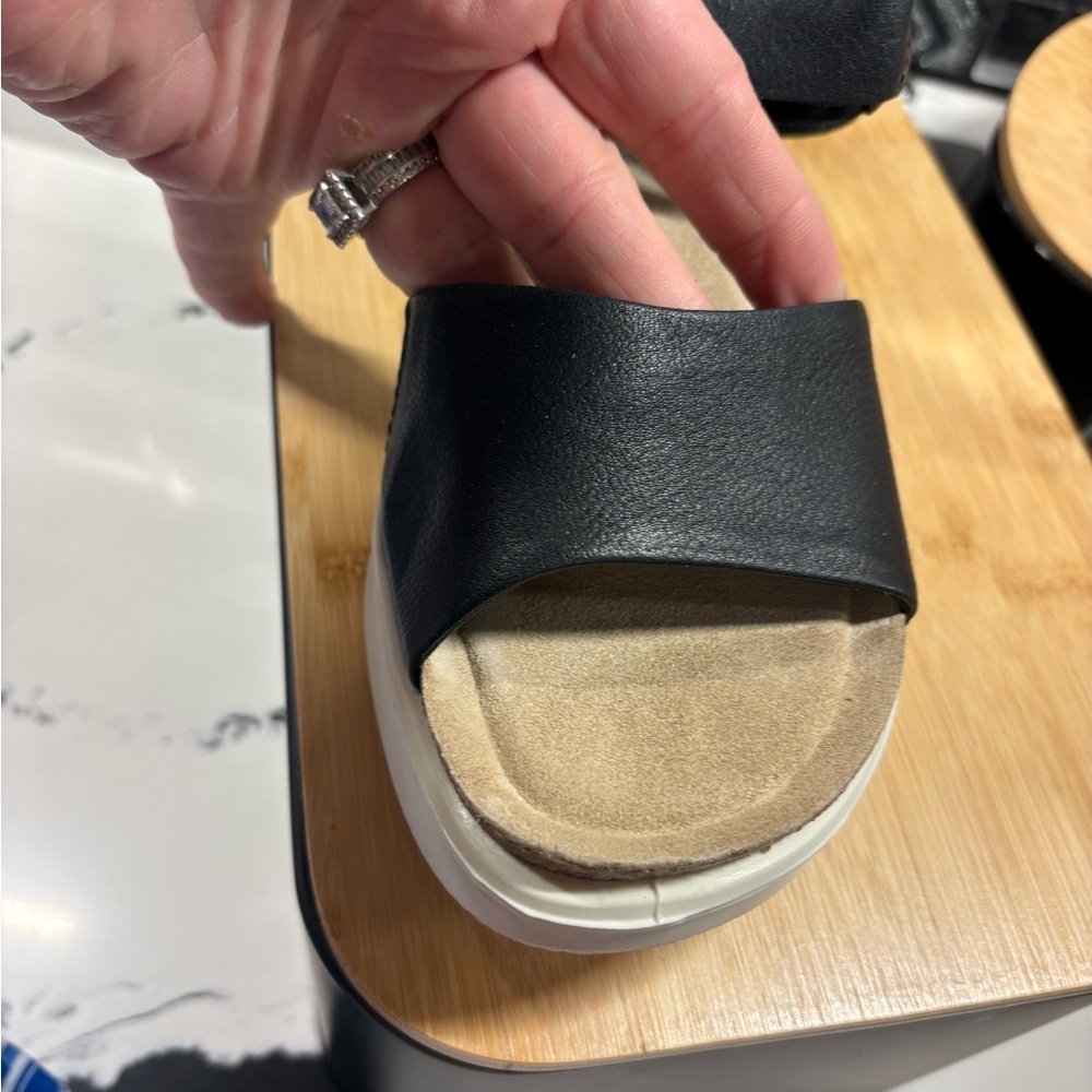 Ecco Black Leather Slides with Tan Footbed
